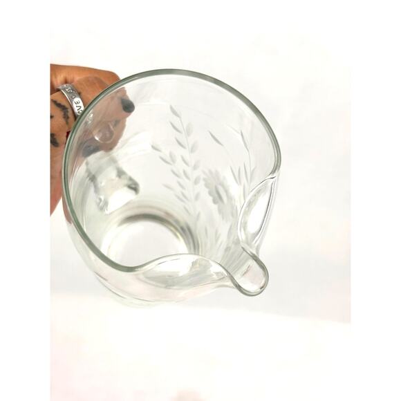 Vintage Mid Century Modern Floral Etched Tall Glass Pitcher 9" Hand Blown - Picture 3 of 13